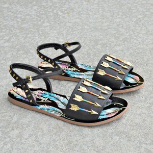 Taylor Says Black Boho Leather Flat Sandals with Studs and Arrows Feathers Motif